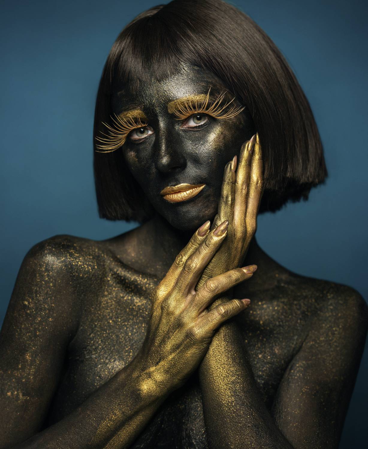 art, beauty, black and gold, blue, close-up, creative, eyelashes, female, femininity, front view, grace, headshot, human face, individuality, indoors, light, looking at camera, makeup, one person, portrait, pose, shadow, studio shot, young woman, Alex Tsarfin