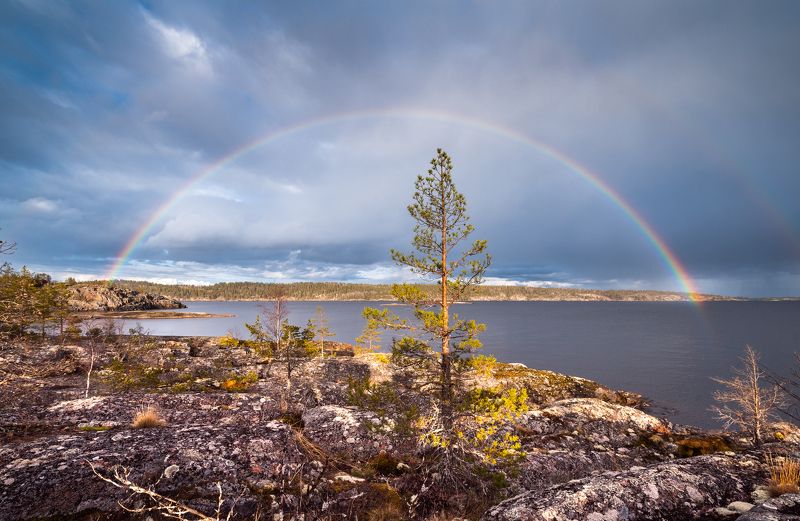 Ладога, скалы, озеро, радуга Радуга над Ладогой фото превью