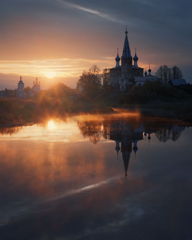 пейзаж, рассвет, дунилово, деревня, река, туман, отражение два солнца фото превью