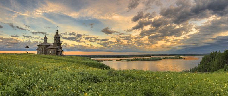 лето, река, деревня, вечер, церковь  фото превью