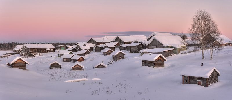 зима, деревня, утро, амбар, баня  фото превью