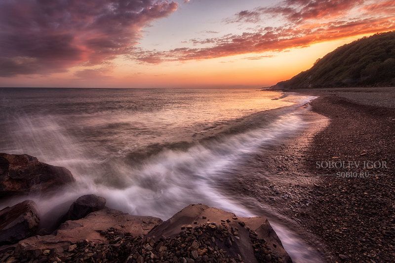 Черное море, Россия, вечер, закат, море, прибой, берег, облака, Джубга Прибой фото превью