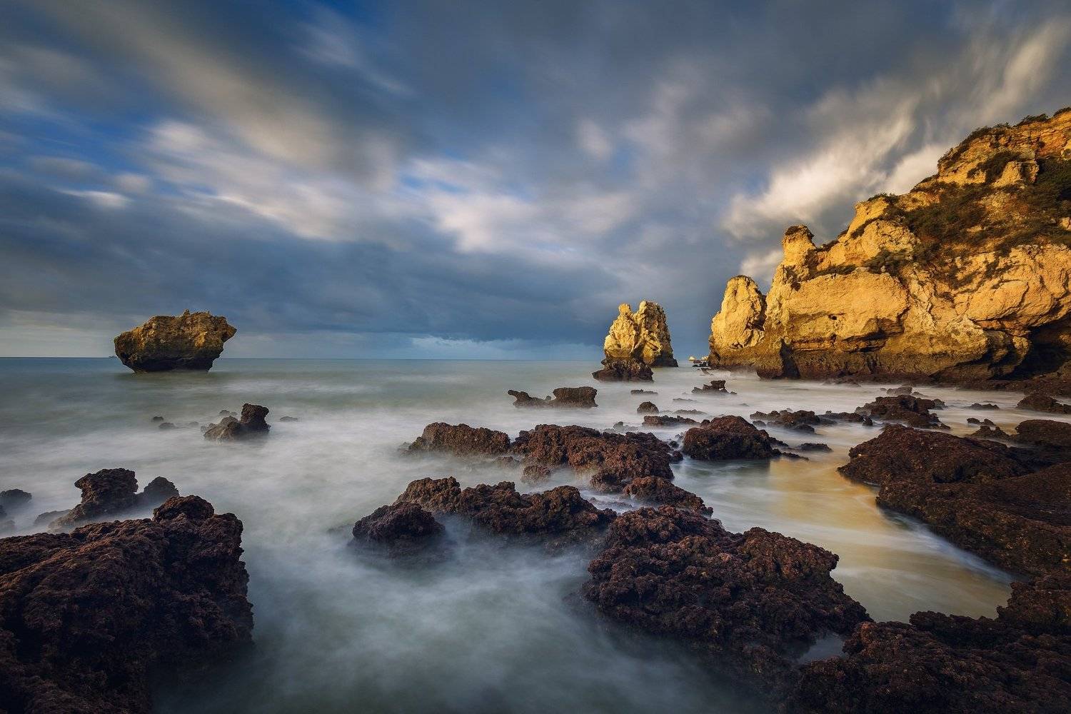 Длинная выдержка, Камни, Океан, Пейзаж, Португалия, Природа, Рассвет, Скалы, Дмитрий Купрацевич