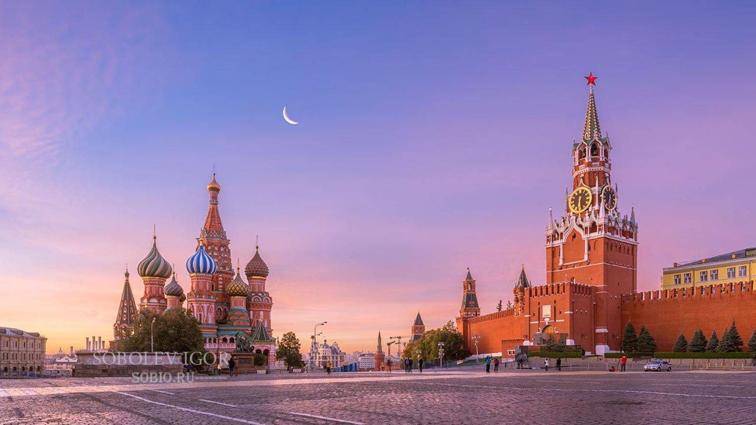 Покровский собор, Собор Василия Блаженного, Москва, Россия, Красная площадь, Кремль, утро, рассвет, город, городской пейзаж, Спасская башня, Соболев Игорь