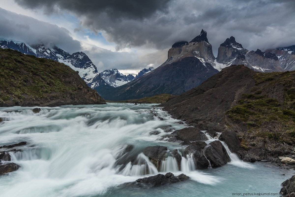 Водопад, Горы, Закат, Торрес дель Пайне, Чили, Антон Петрусь