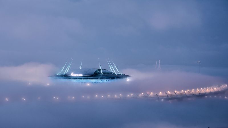 санкт-петербург, стадион, туман, газпром арена, крестовский остров, туманное утро, НЛО фото превью