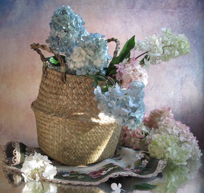 цветы, букет, гортензия, корзина, плетёнка, салфетка, гобелен Утречко фото превью