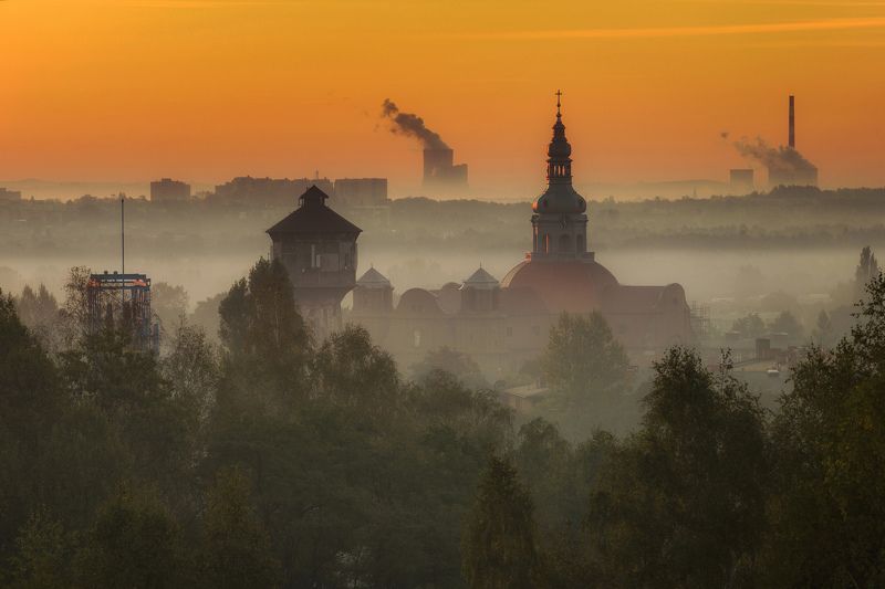 HoriSky, Architecture, Sunset, Tower, Landscape, Church, Travel, Nature, Morning, Nikiszowiec, Landscape, Industrial, Fog, Sunrise, dawn, Katowice The view from my window фото превью