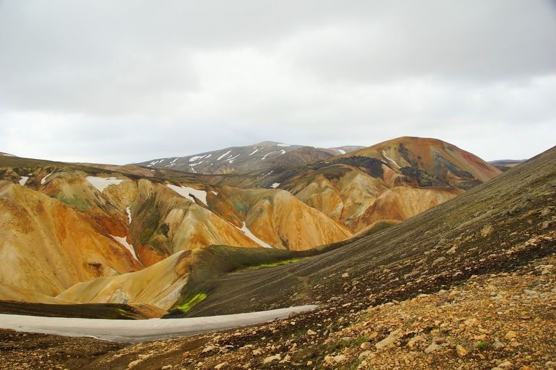 landscape, valley, mountains, snow, light, nature, hiking, terrain, color Landmannalaugar фото превью