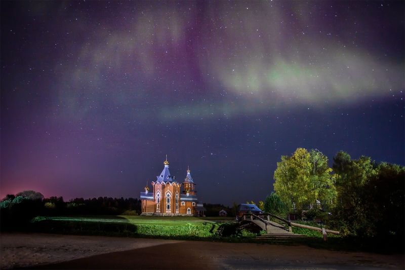 северное сияние, солнечный ветер, колтовская, церковь, храм, ночь, вельск *** фото превью