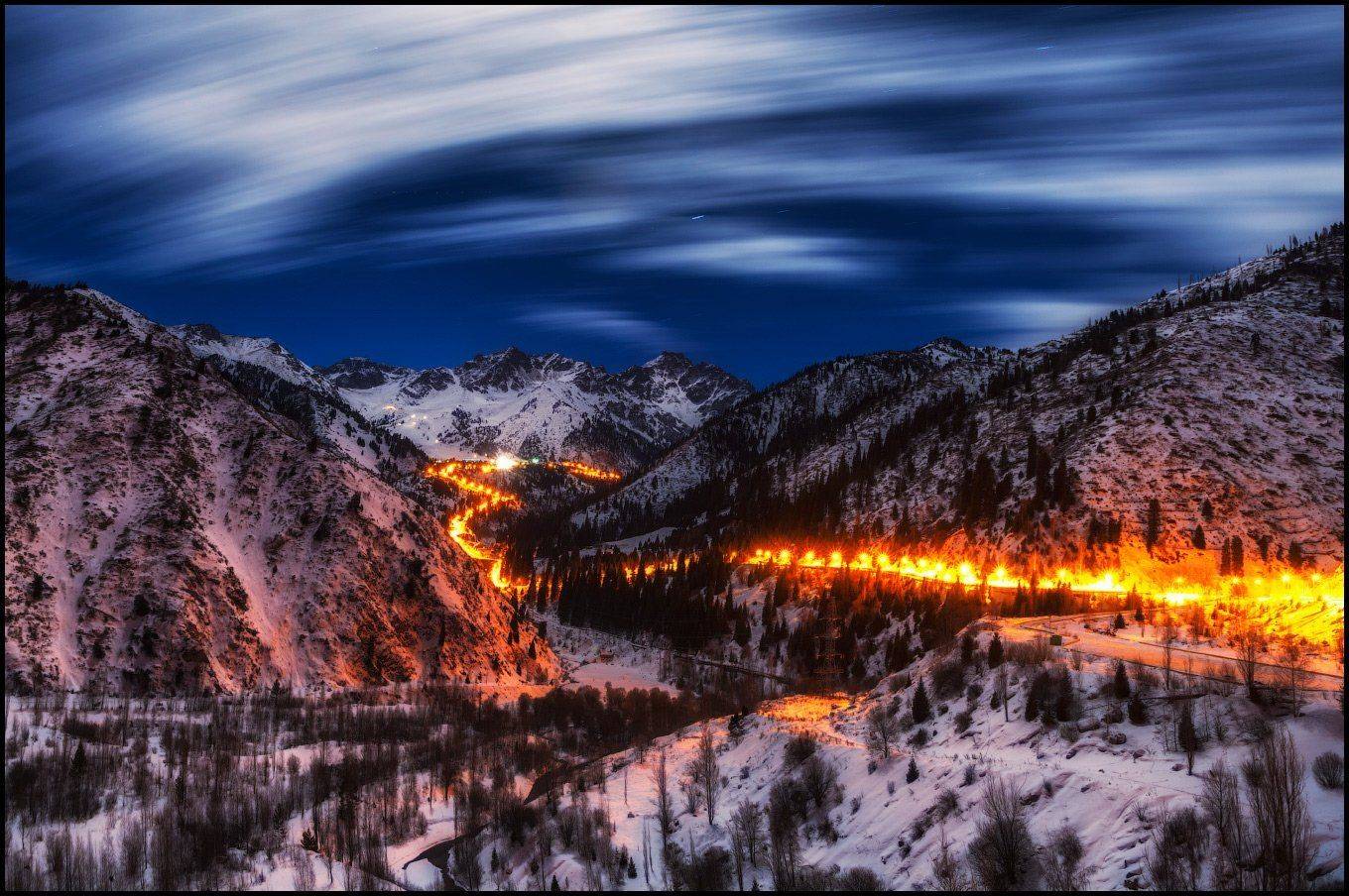 Горы, Дорога, Ночь, Чимбулак, Ольга Кулакова