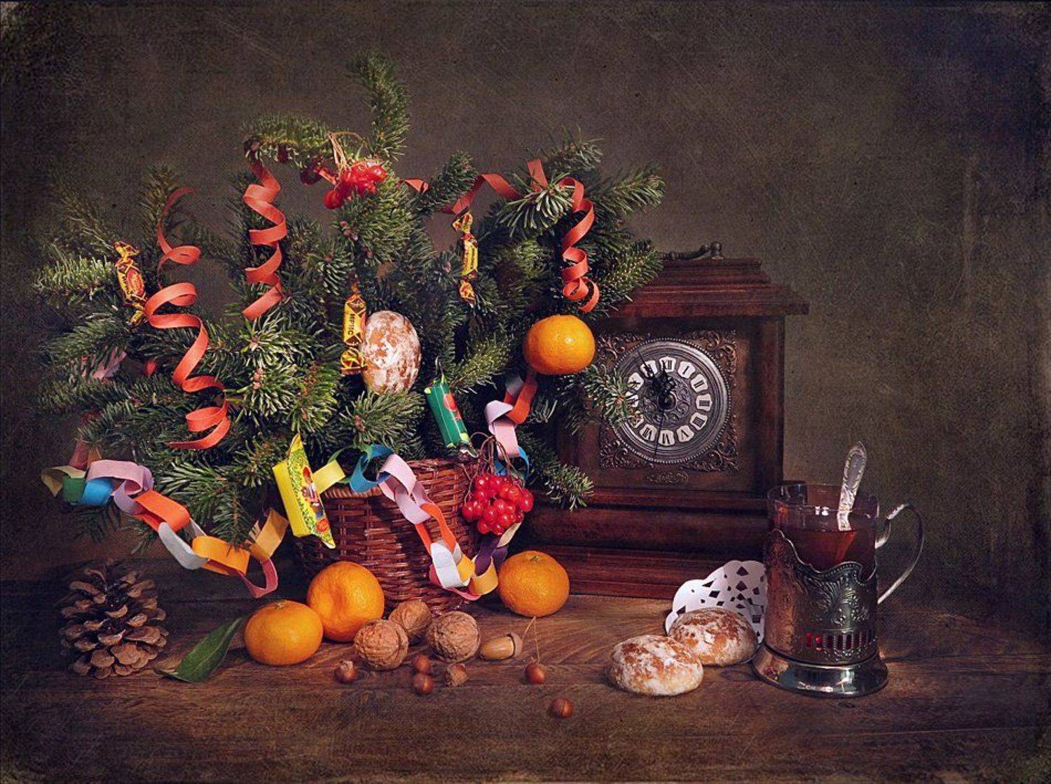 елка, мандарины, часы, Алла Шевченко