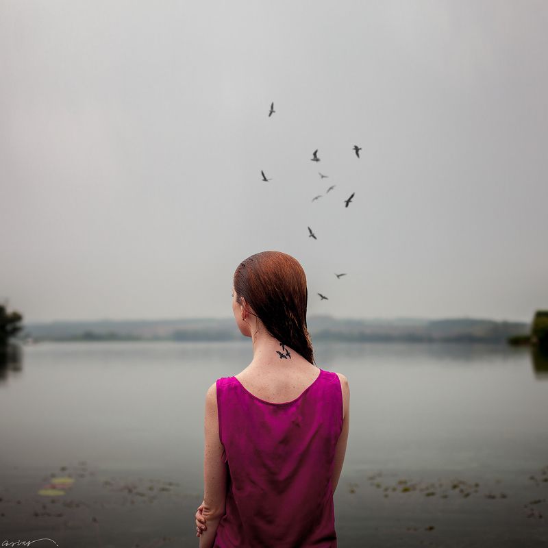 lonely, loneliness, girl, portrait, river, birds, water Loneliness фото превью