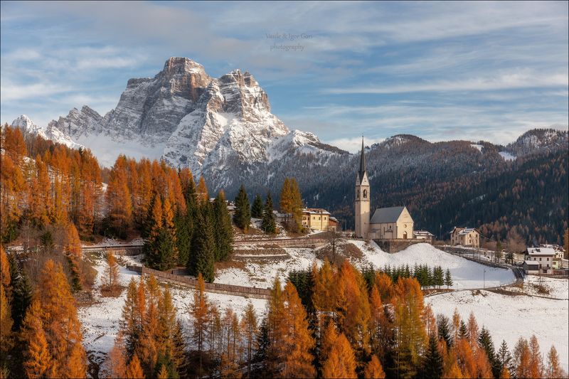 autumn,осень,church,церковь,village,деревня,alps,снег,mountain,альпы,dolomites,доломиты,selva cadore,val fiorentina,италия,monte pelmo Последние краски осени фото превью