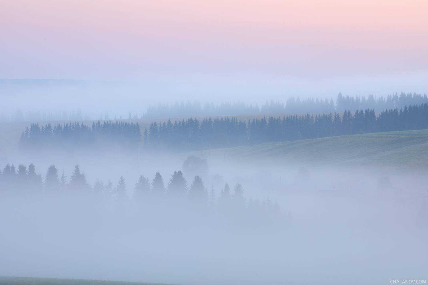 пейзаж, село, коми, рассвет, туман, Иван Чаланов