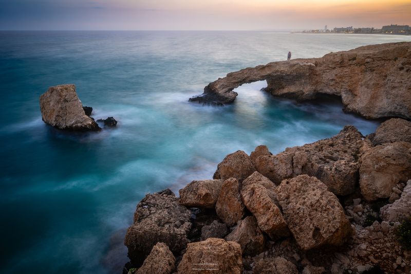 скалы, мостик любви, море, Кипр, закат, длинная выдержка, вечер, Ай-Напа Мостик любви фото превью
