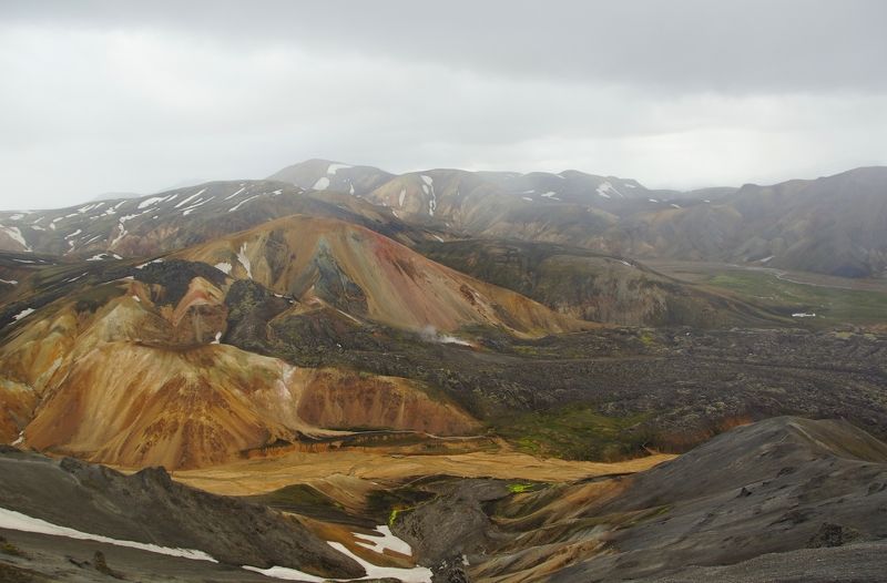 landscape, valley, mountains, snow, light, nature, hiking, terrain, color Landmannalaugar фото превью