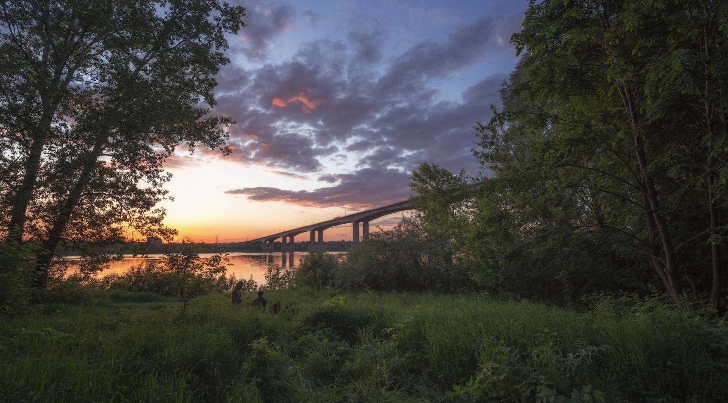 закат берег реки мост деревья, Колесов Андрей