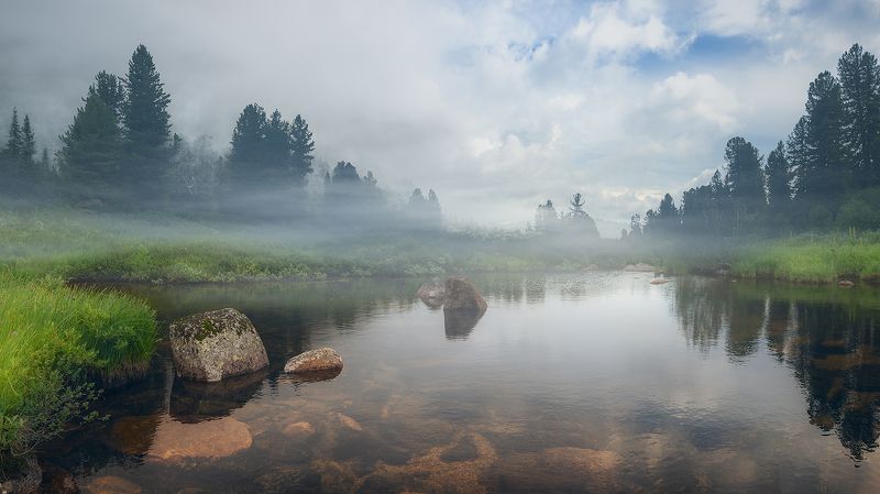 пейзаж, природа, озеро, дно, туман, ергаки, горы, красноярский край, небо, облака Тропа на перевал Звёздный фото превью