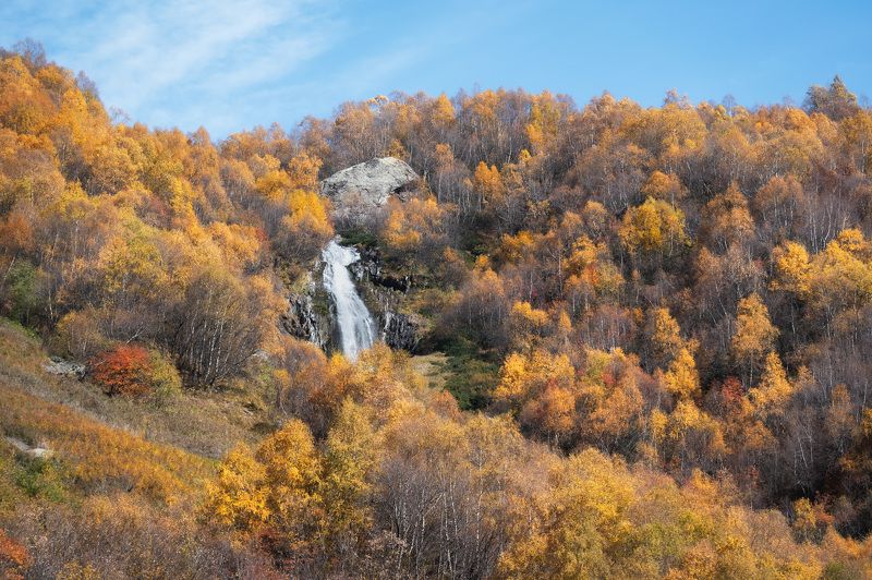 autumn, dombay, mountains, landscape, orange, leaves, pine, caucasus, forest, waterfall, Чучхурский водопад в Домбае. фото превью