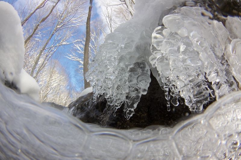 Горы, Зима, Кавказ, Лед, Полуподводная съемка, Река Зима на реке фото превью