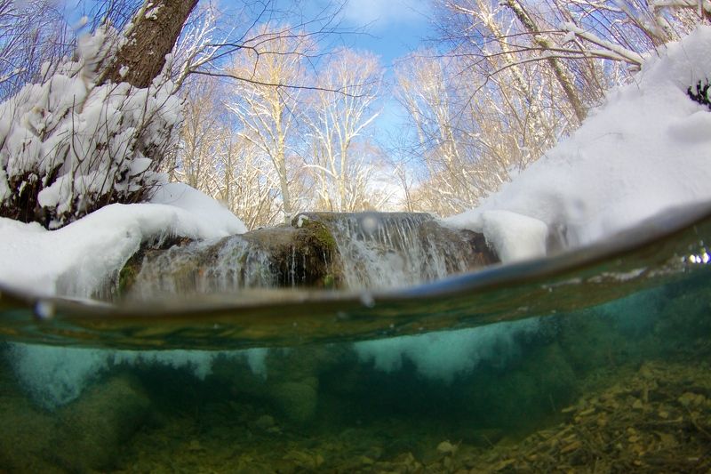 Водопад, Зима, Река, Снег, Сплит Зимняя река фото превью