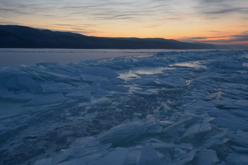 волга, лед, зима, мороз, вечер, снег, морозно  фото превью