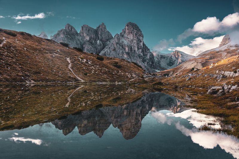 alps, mountains, italy, autumn, dolomites, autumn grasses, lake, mirror As in a water surface... фото превью