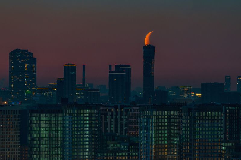 cityscapes, architecture, moscow, russia, sunrise, skyscrapers, городской пейзаж, архитектура, москва, луна Башня лунного рога фото превью