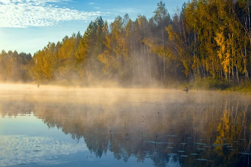 осень утро туман отражение рыбаки черная порза Не мешая друг другу фото превью