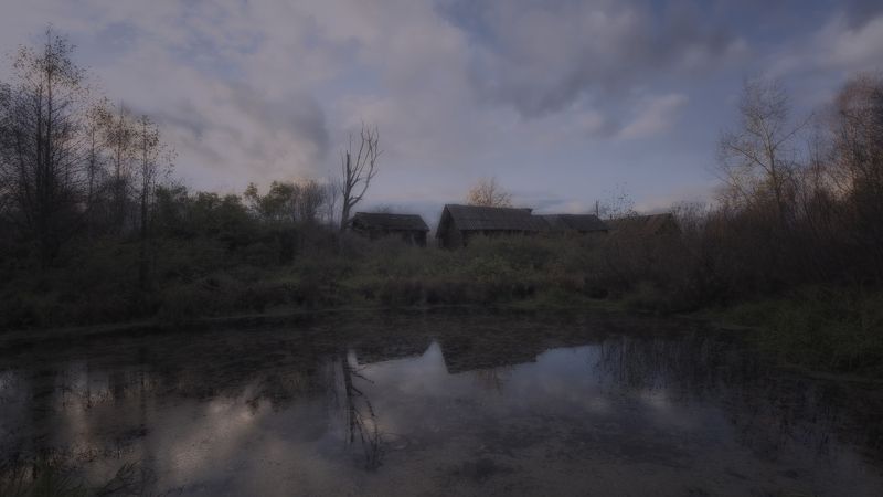 осень, пруд, бани Пруд. Сумерки фото превью