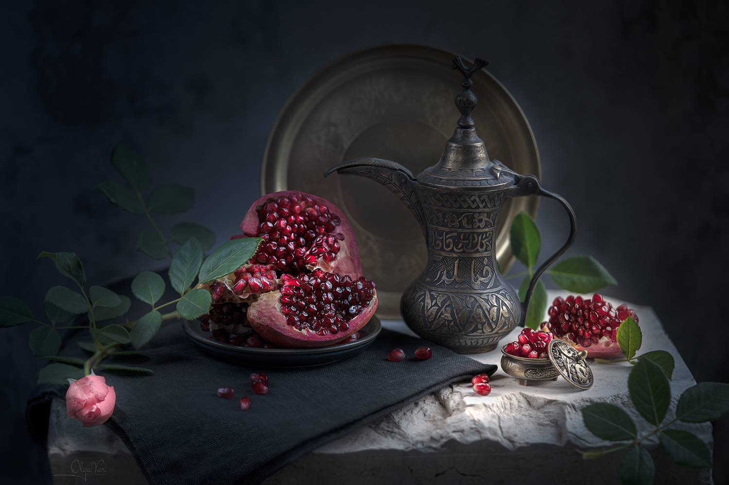 гранат, натюрморт, роза, кофейник, восточный, далла, Olga Yar