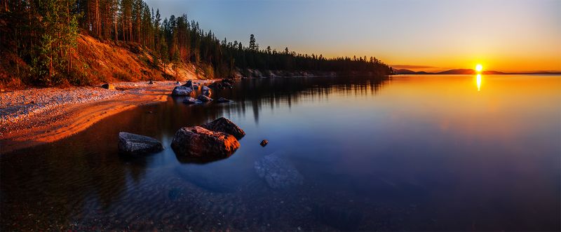 Белые ночи, Закат, Кольский п-ов, Ночь, Озеро, Панорама, Пейзаж, Природа, Север, Солнце Колвица в полночь фото превью
