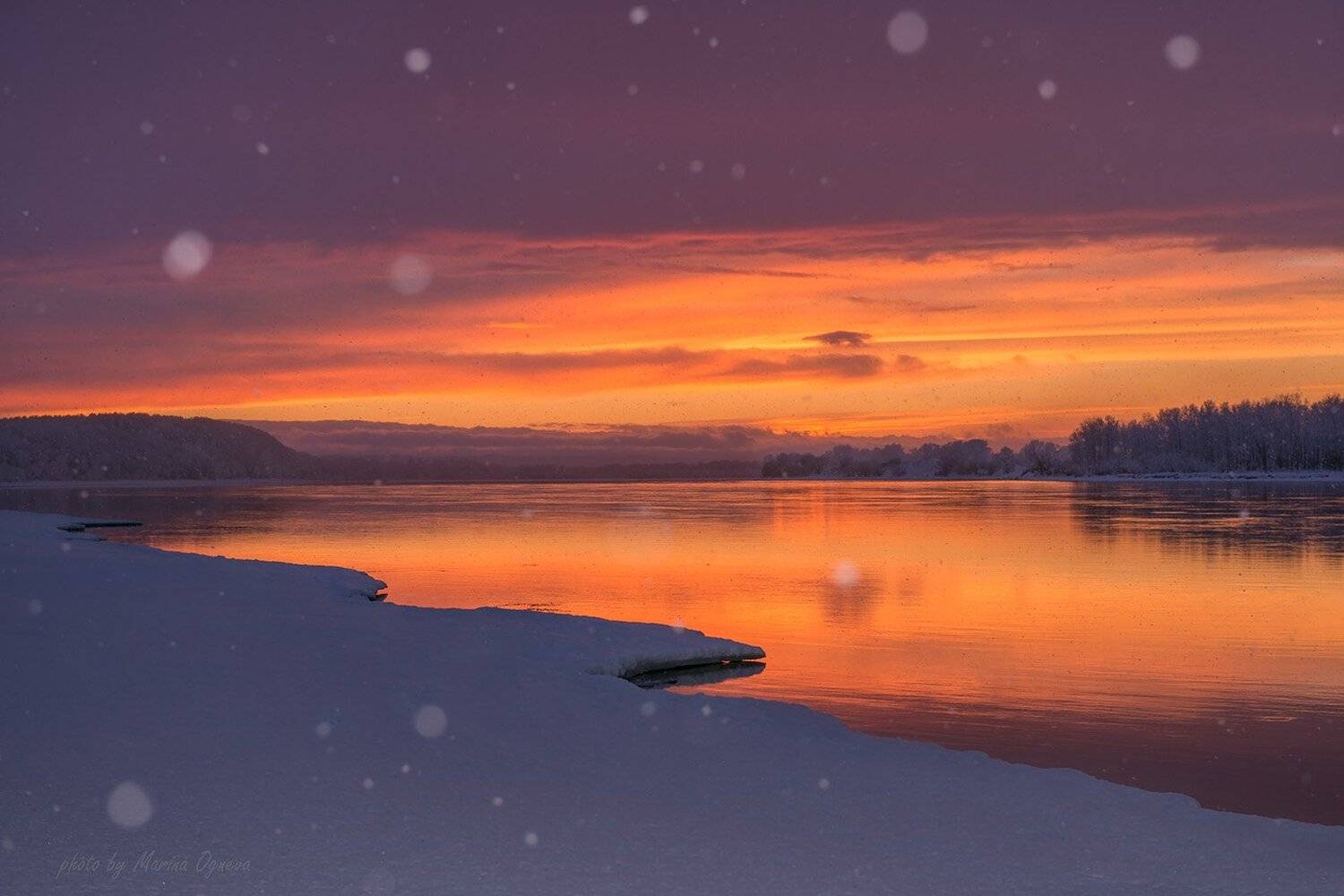 Зима, Енисей, Сибирь, снегопад, закат, Марина Огнева
