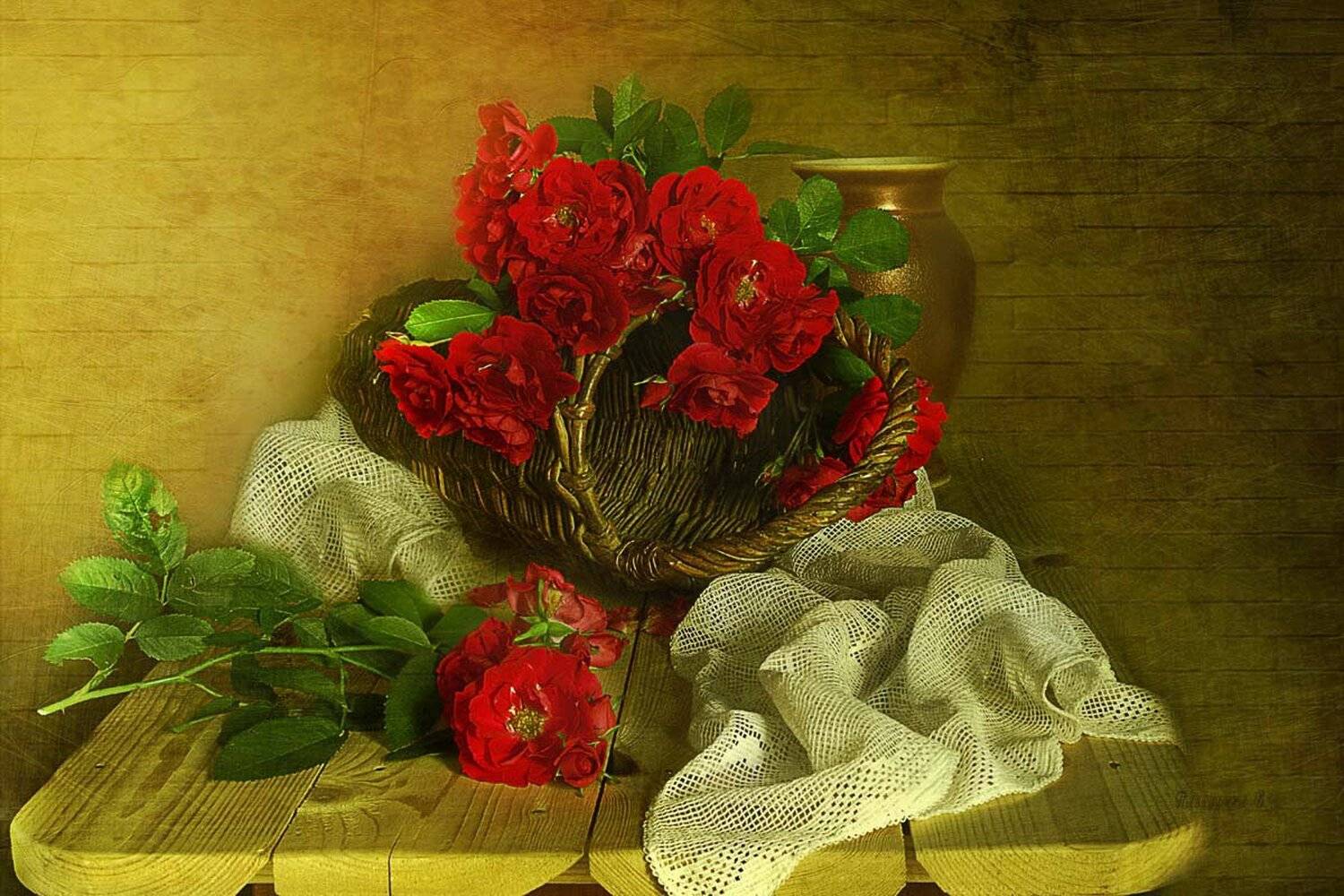 Корзинка, Натюрморт с цветами, Розы, Ткань, Вера Павлухина