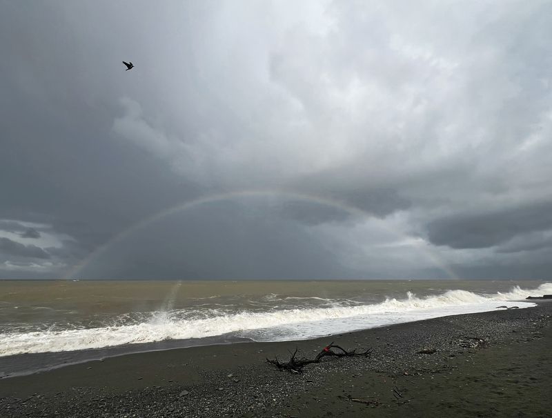 море, облака, тучи, радуга, горизонт  фото превью