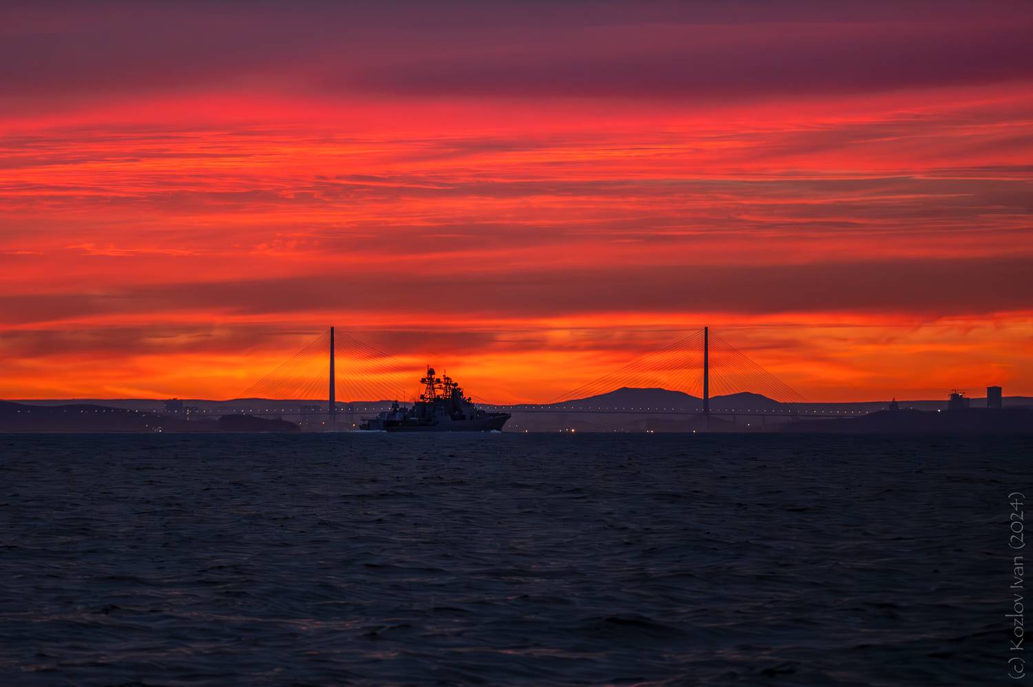 владивосток, закат, мост, море, корабль, Козлов Иван