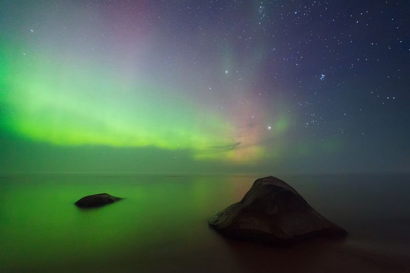 night, russia, aurora borealis, lake, ladoga Сияние фото превью