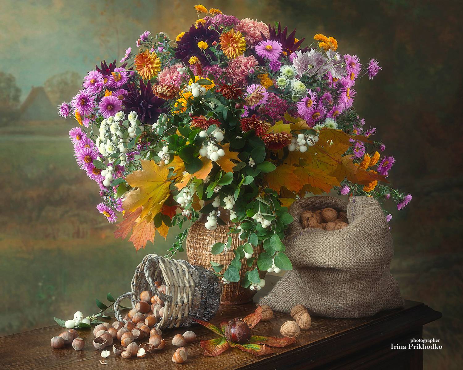 натюрморт, цветы, букеты, настроение, орехи, осень, Приходько Ирина
