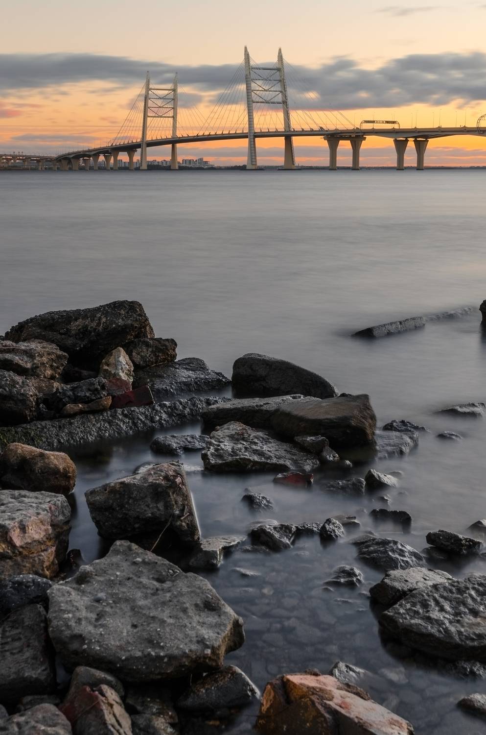 мост, bridge, питер, санкт-петербург, петербург, залив, bay, камни, вода, water, город, city, закат, sunset, облака, небо, cloud, sky, Alexey S