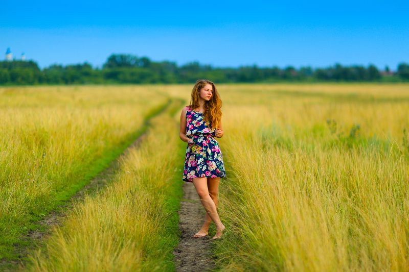 Природа, девушка, лето, пейзаж, живопись, портрет, поле  фото превью