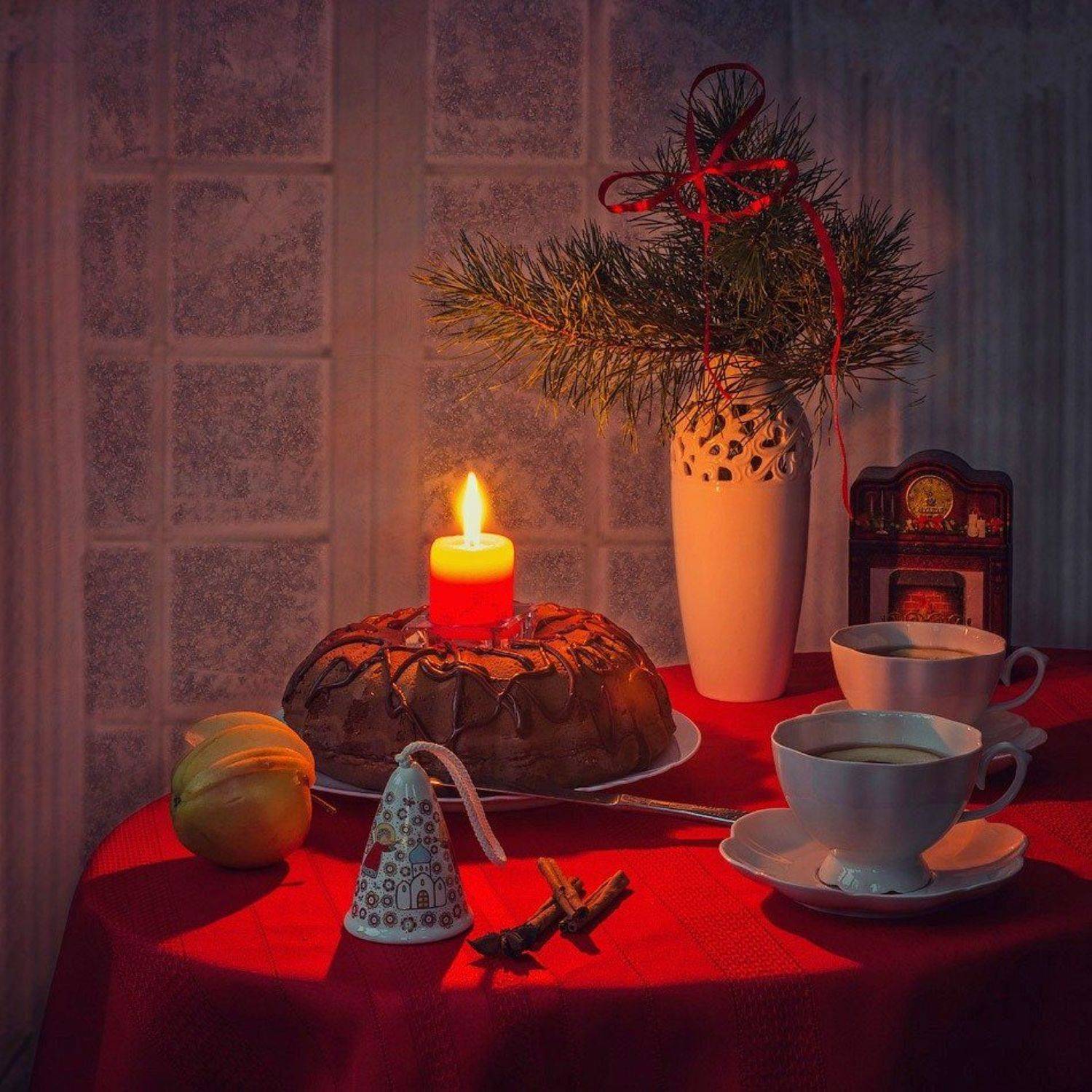 натюрморт, Рождество, вечер, свеча, чай, Ирина Приходько