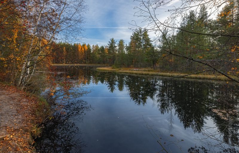осень озеро листопад небо отражение лес октябрь закат В гостях у осени фото превью