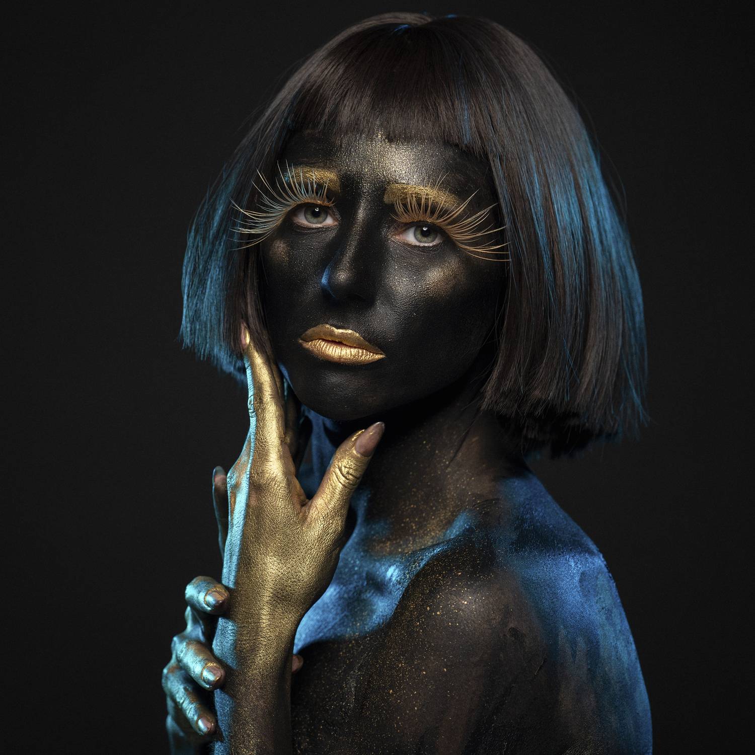 art, attractive, beautiful woman, beauty, black and gold, close-up, creative, eyelashes, femininity, headshot, human face, individuality, indoors, light, looking at camera, makeup, one person, portrait, pose, shadow, side view, studio shot, young woman, Alex Tsarfin