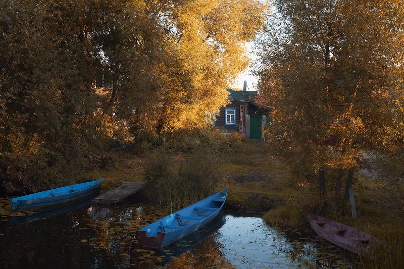 лодки, утро, деревня, сельский пейзаж Тихое утро фото превью