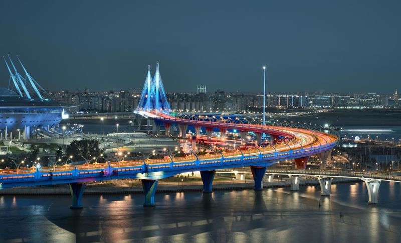 санкт-петербург, мост, стадион, ночной город, крестовский остров, Змея фото превью