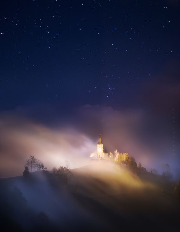 slovenia, longexpo, chapel, church, landscape, nightphotography, sky, stars, mountains, mountainscape, after a Cloudy day фото превью