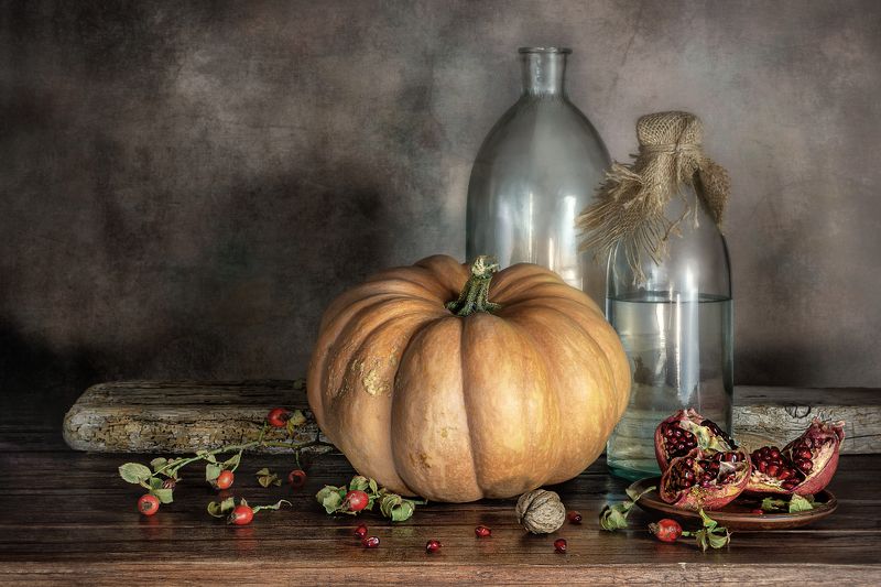 шиповник,тыква,тень,свет,ретро,натюрморт,еда,гранат,бутылки ***** фото превью