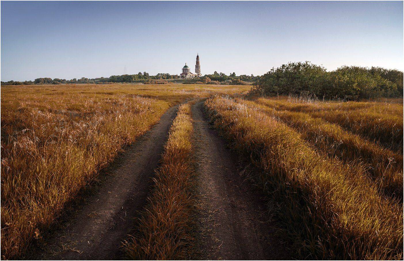 Дорога, Золотая осень, Осень, Пейзаж, Поле, Природа, Путь, Россия, Рязанская область, Церковь, Пчелинцев Кирилл
