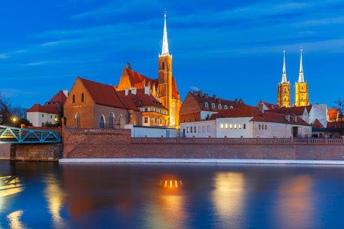Ostrow Tumski at night in Wroclaw, Poland